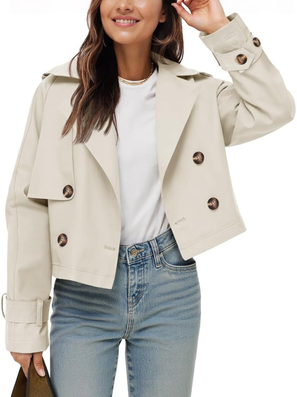 Women's Apricot Cropped Double Breasted Oversized Lapel Collar Short Trench Coat